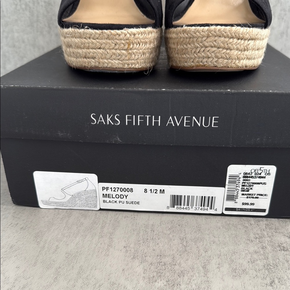Saks Fifth Avenue Black Suede Wedge Sandals with espadrile Platform - Picture 4 of 7